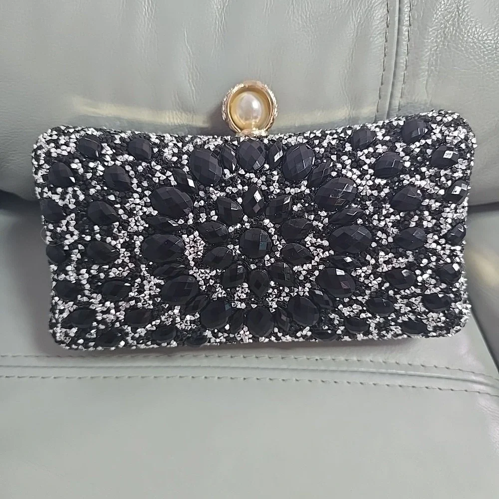 Evening Bag for‎ Women Sparkly Black Silver Rhinestone Clutch